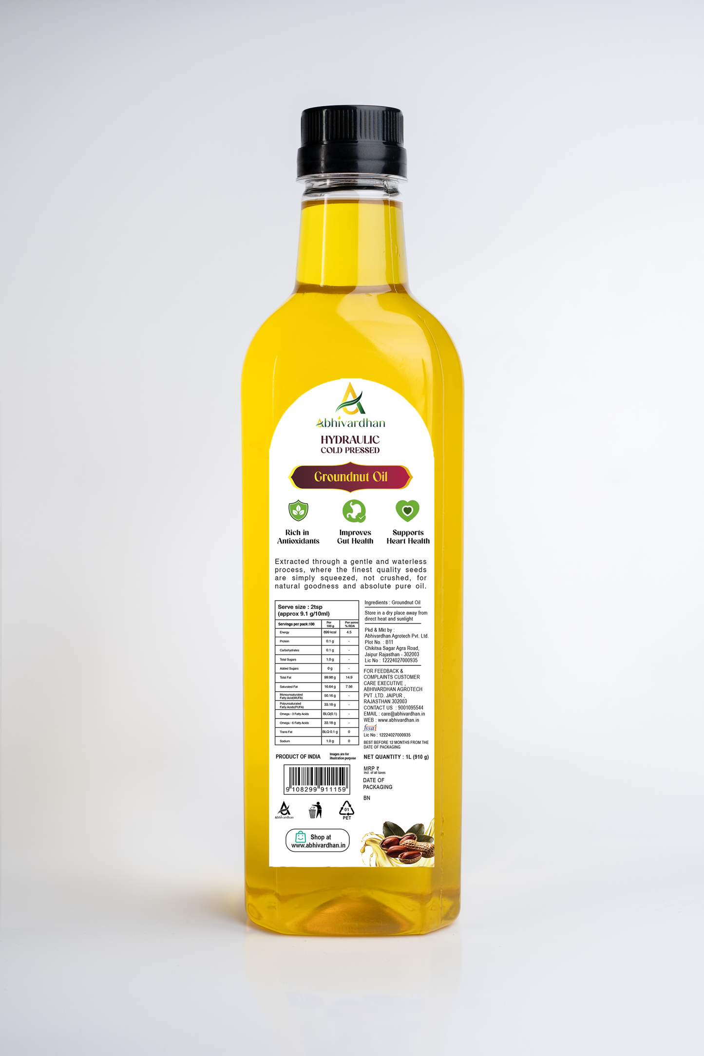 Abhivardhan Hydraulic Cold-Pressed Groundnut Oil – Extra Virgin, 100% Pure, Unrefined, and Chemical-Free