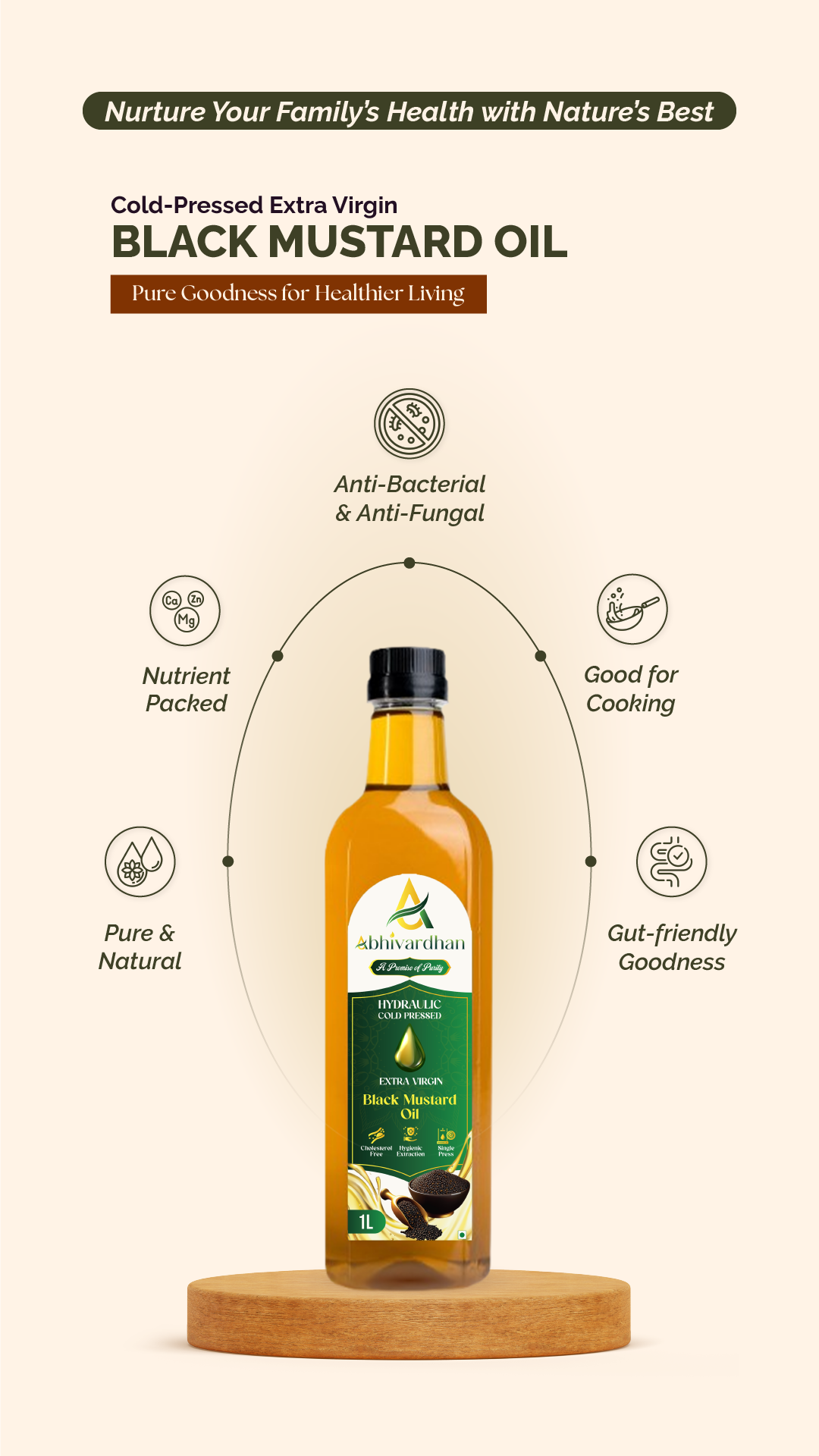 Abhivardhan Hydraulic Cold-Pressed Black Mustard Oil – Extra Virgin, 100% Pure, Unrefined, and Chemical-Free