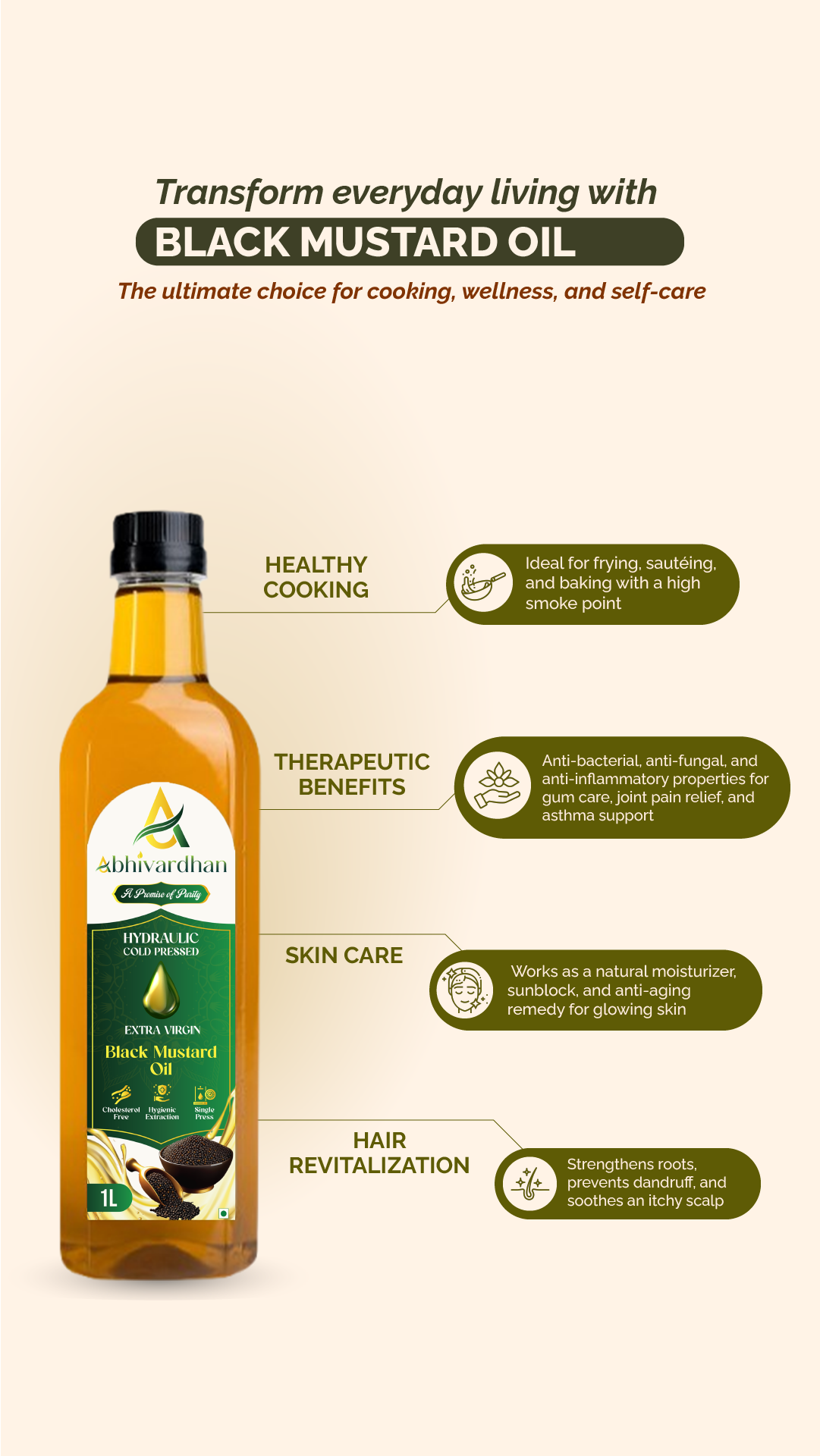 Abhivardhan Hydraulic Cold-Pressed Black Mustard Oil – Extra Virgin, 100% Pure, Unrefined, and Chemical-Free