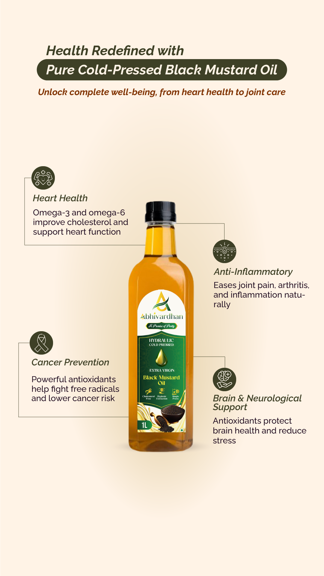 Abhivardhan Hydraulic Cold-Pressed Black Mustard Oil – Extra Virgin, 100% Pure, Unrefined, and Chemical-Free