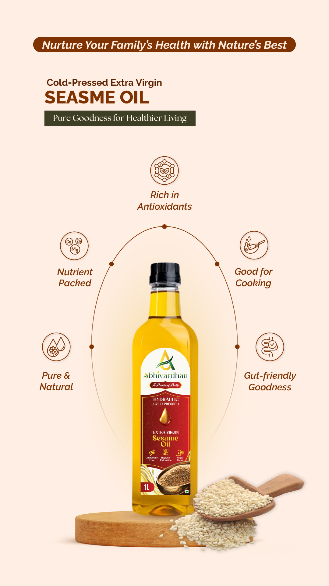 Abhivardhan Hydraulic Cold-Pressed Sesame Oil – Extra Virgin, 100% Pure, Unrefined, and Chemical-Free