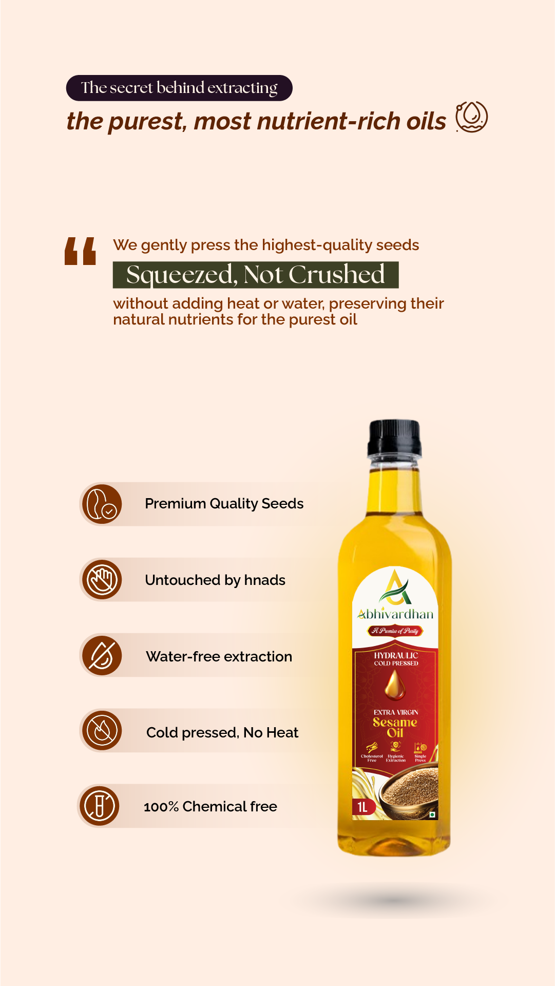 Abhivardhan Hydraulic Cold-Pressed Sesame Oil – Extra Virgin, 100% Pure, Unrefined, and Chemical-Free