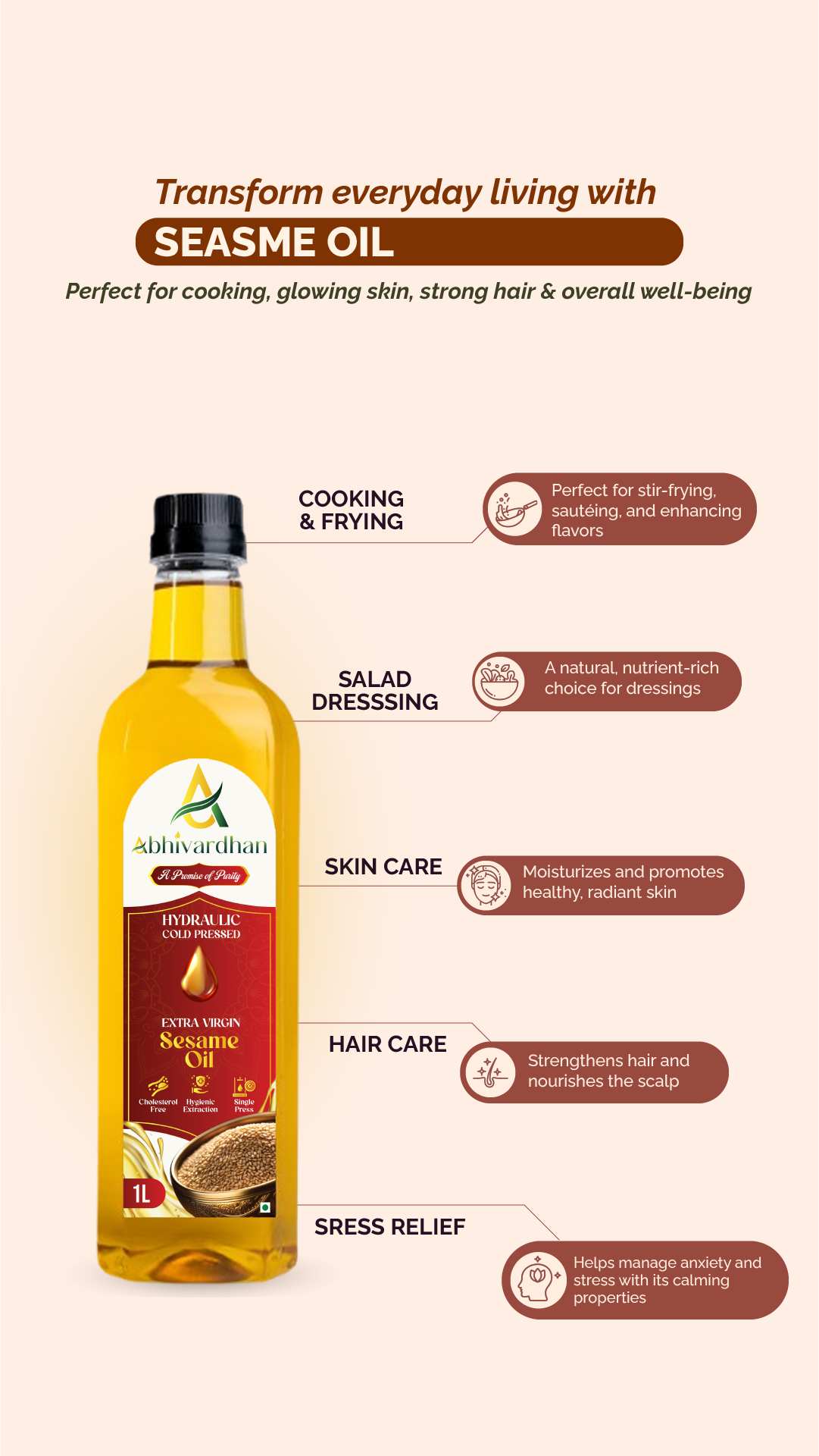 Abhivardhan Hydraulic Cold-Pressed Sesame Oil – Extra Virgin, 100% Pure, Unrefined, and Chemical-Free