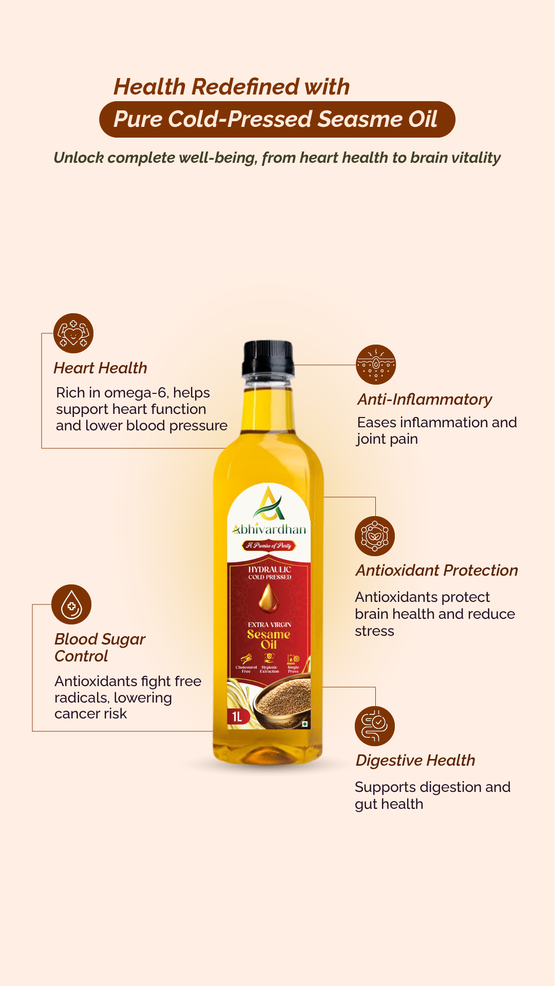 Abhivardhan Hydraulic Cold-Pressed Sesame Oil – Extra Virgin, 100% Pure, Unrefined, and Chemical-Free
