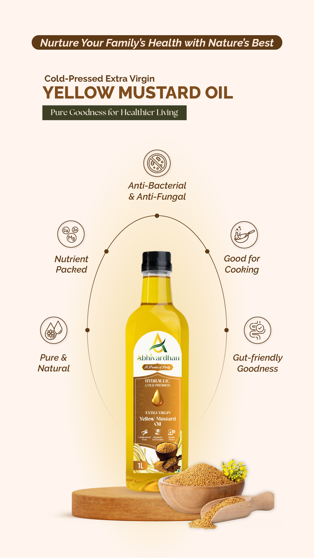 Abhivardhan Hydraulic Cold-Pressed Yellow Mustard Oil – Extra Virgin, 100% Pure, Unrefined, and Chemical-Free