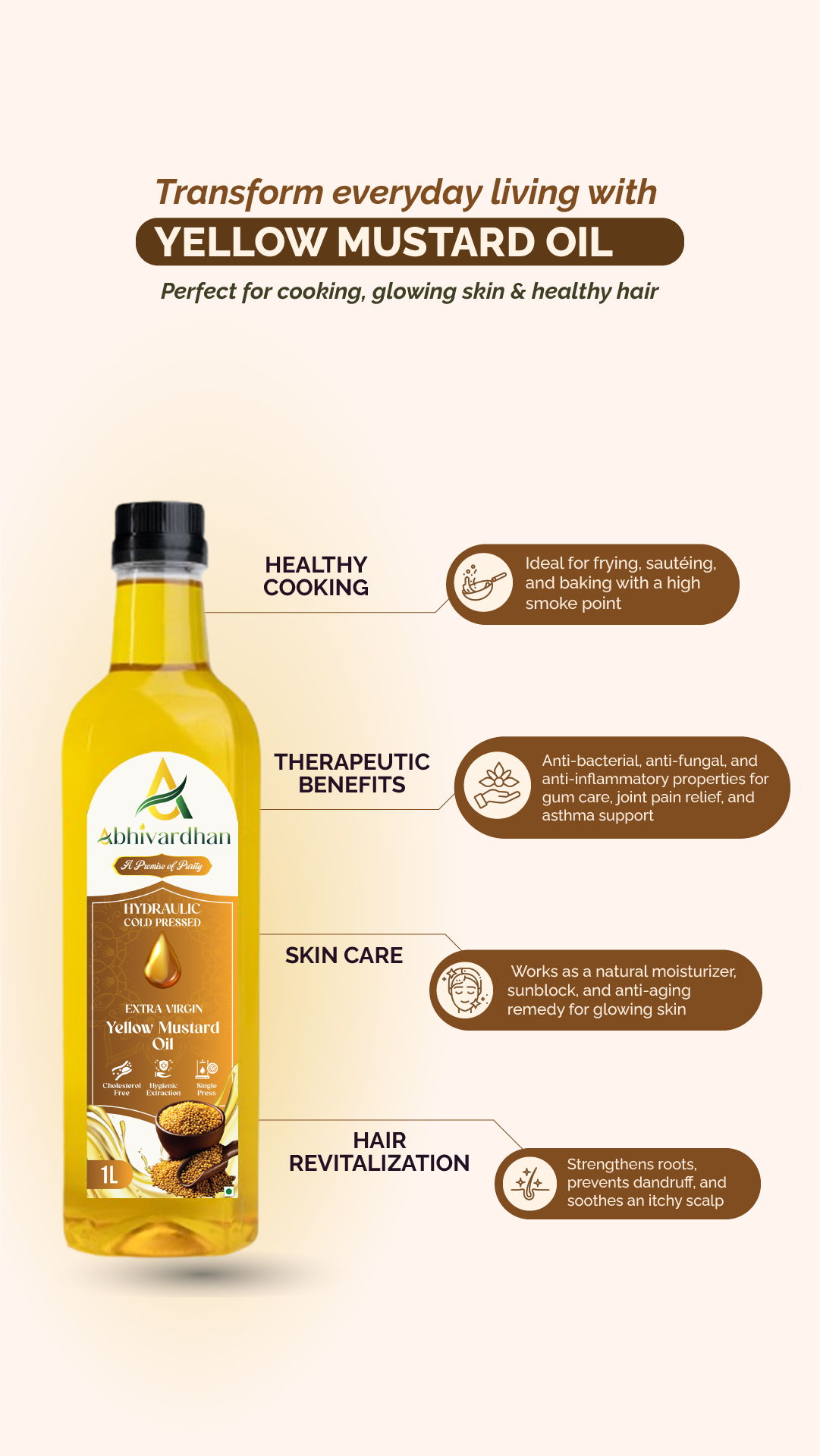 Abhivardhan Hydraulic Cold-Pressed Yellow Mustard Oil – Extra Virgin, 100% Pure, Unrefined, and Chemical-Free