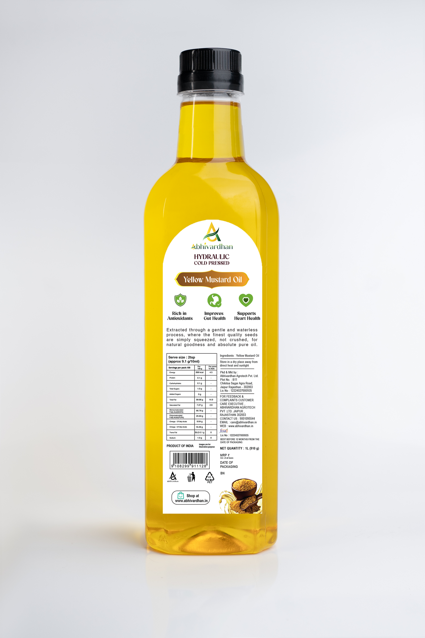 Abhivardhan Hydraulic Cold-Pressed Yellow Mustard Oil – Extra Virgin, 100% Pure, Unrefined, and Chemical-Free