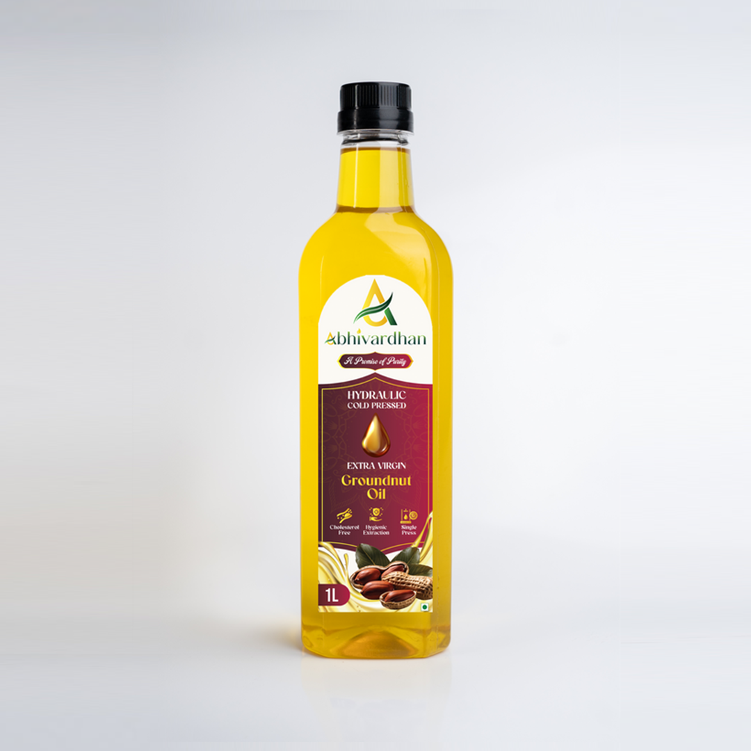 Abhivardhan Hydraulic Cold-Pressed Groundnut Oil – Extra Virgin, 100% Pure, Unrefined, and Chemical-Free