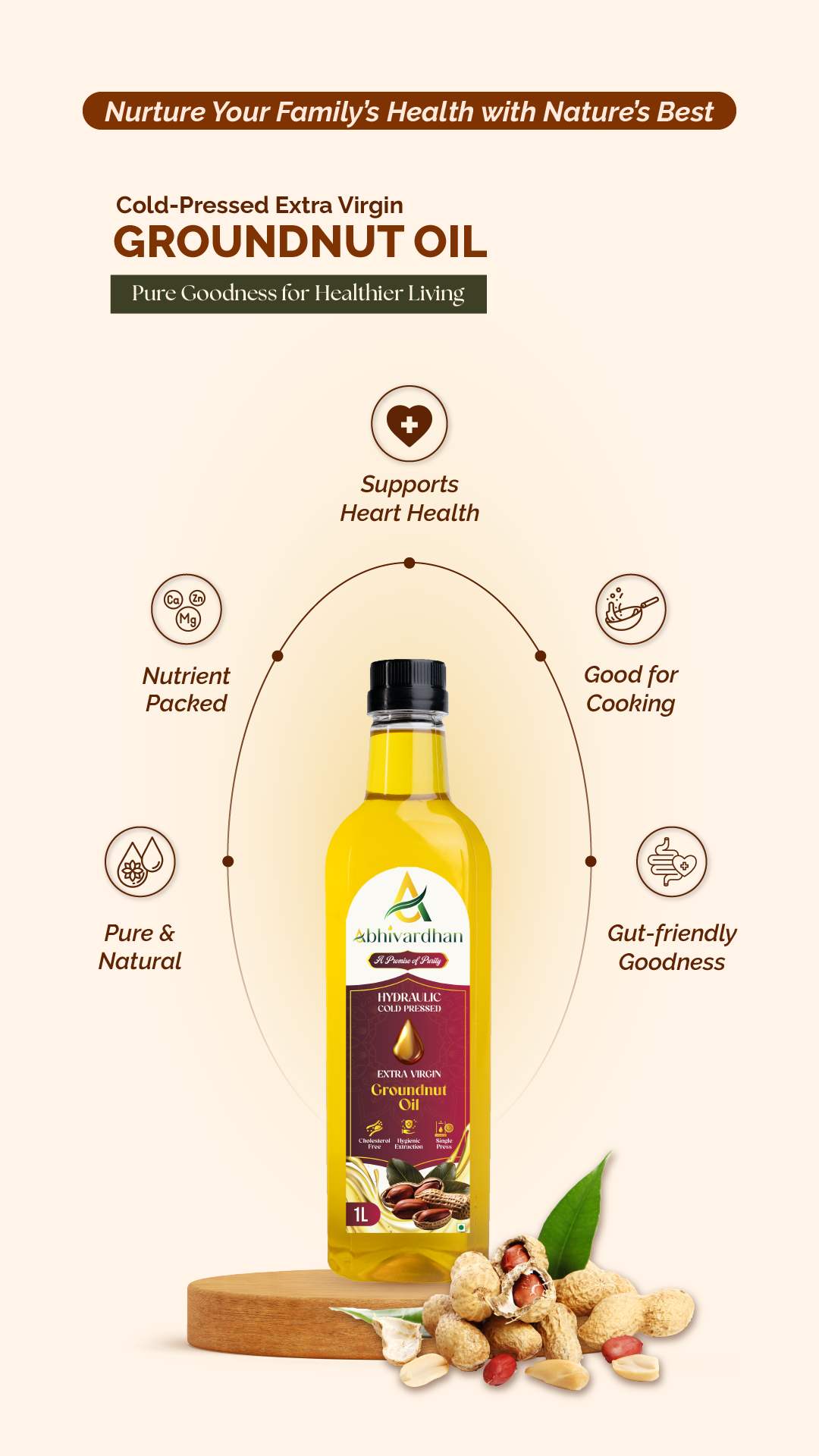 Abhivardhan Hydraulic Cold-Pressed Groundnut Oil – Extra Virgin, 100% Pure, Unrefined, and Chemical-Free