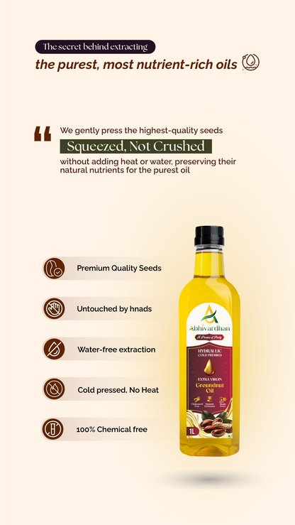 Abhivardhan Hydraulic Cold-Pressed Groundnut Oil – Extra Virgin, 100% Pure, Unrefined, and Chemical-Free