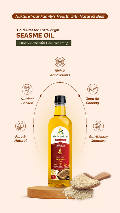 Abhivardhan Hydraulic Cold-Pressed Sesame Oil – Extra Virgin, 100% Pure, Unrefined, and Chemical-Free