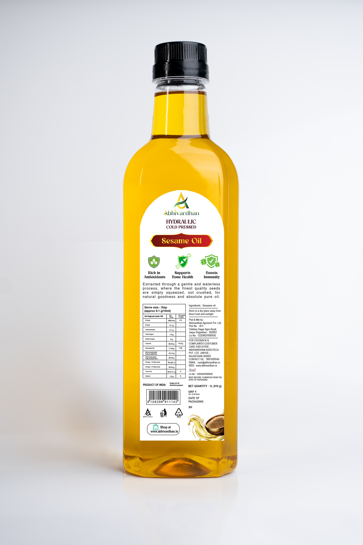 Abhivardhan Hydraulic Cold-Pressed Sesame Oil – Extra Virgin, 100% Pure, Unrefined, and Chemical-Free